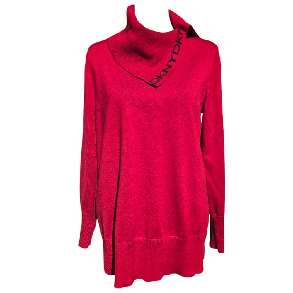 DKNY Turtleneck‎ Side Logo Red Tunic Sweater Women's Size Medium